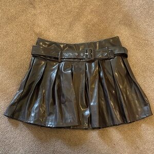 Pleated Faux Leather Mini Skirt with Belt - Brown